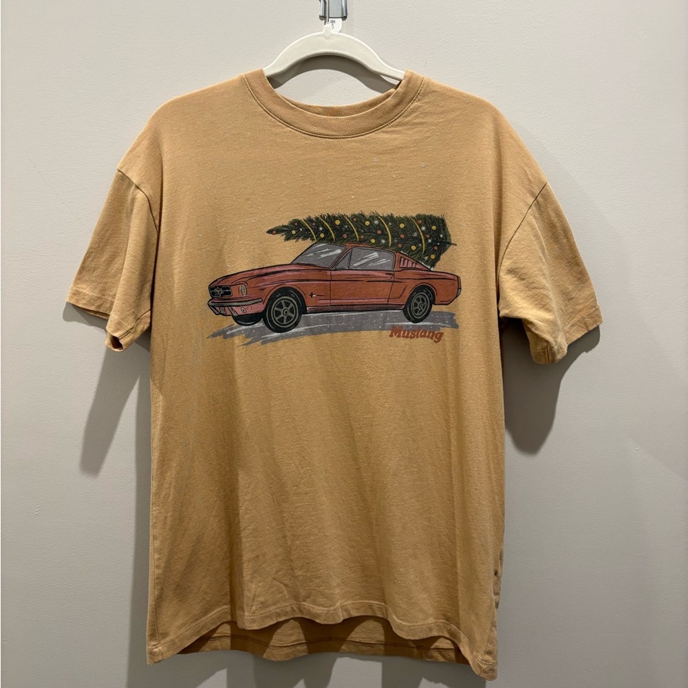 Vintage Ford Mustang Graphic Tee - Dark Tan - Christmas Tree on Car